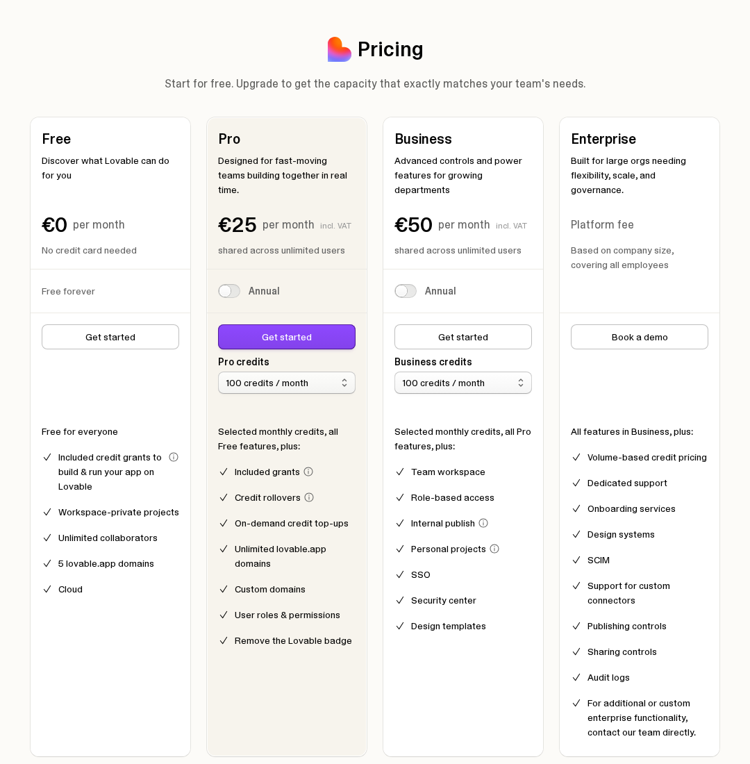 Lovable pricing page showing Free, Pro, Business, and Enterprise plans