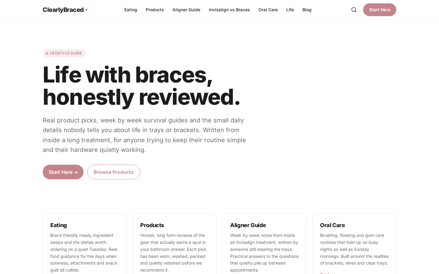 ClearlyBraced homepage, a lifestyle guide for life with braces and aligners