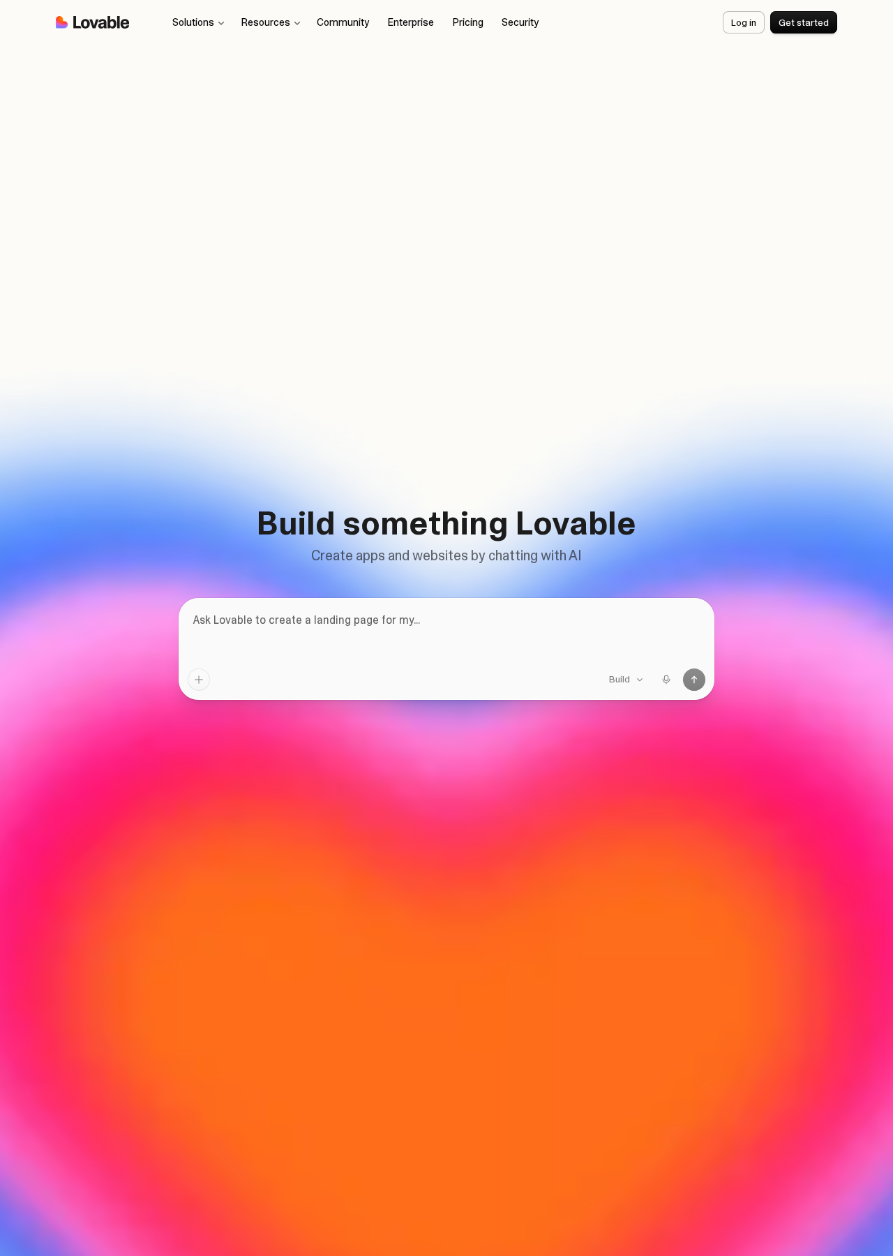 Lovable homepage hero with the prompt input box where you describe the app you want