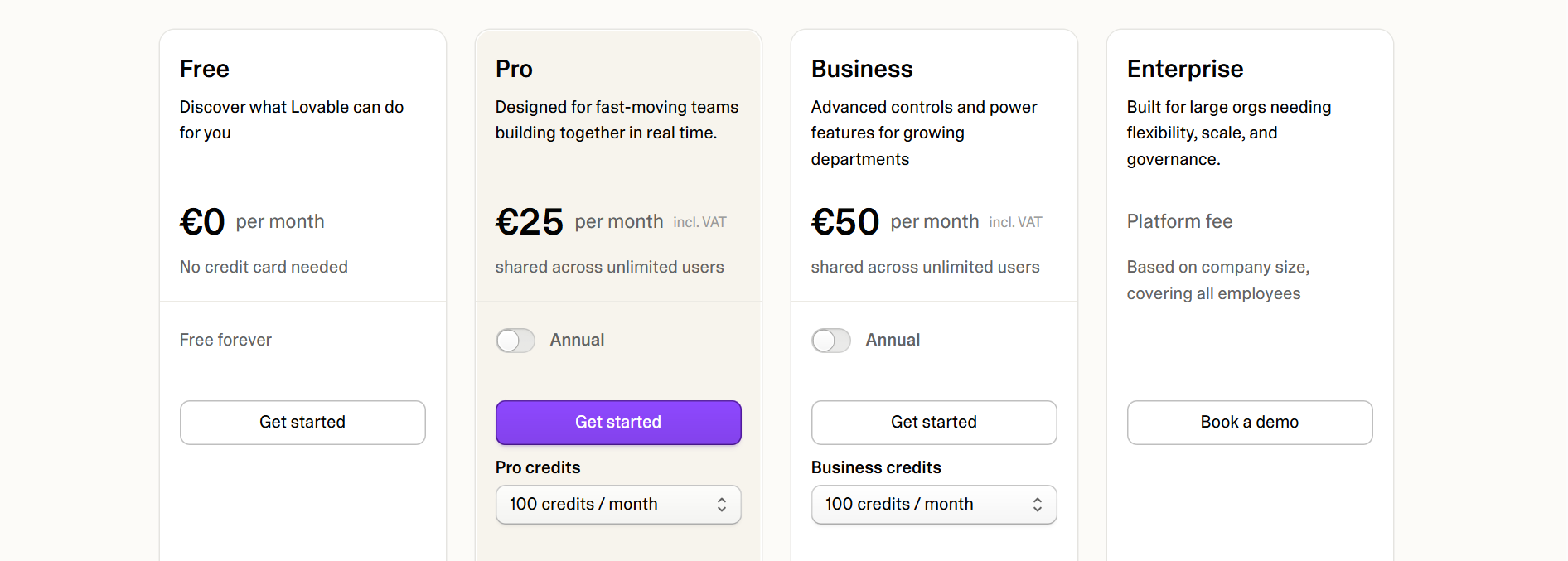 Live screenshot of the Lovable pricing page in 2026 showing Free, Pro, and Teams tiers