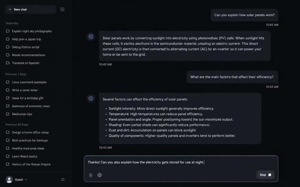 Dark AI chat app mockup with a sidebar of saved conversations, a message thread and a composer with a stop button
