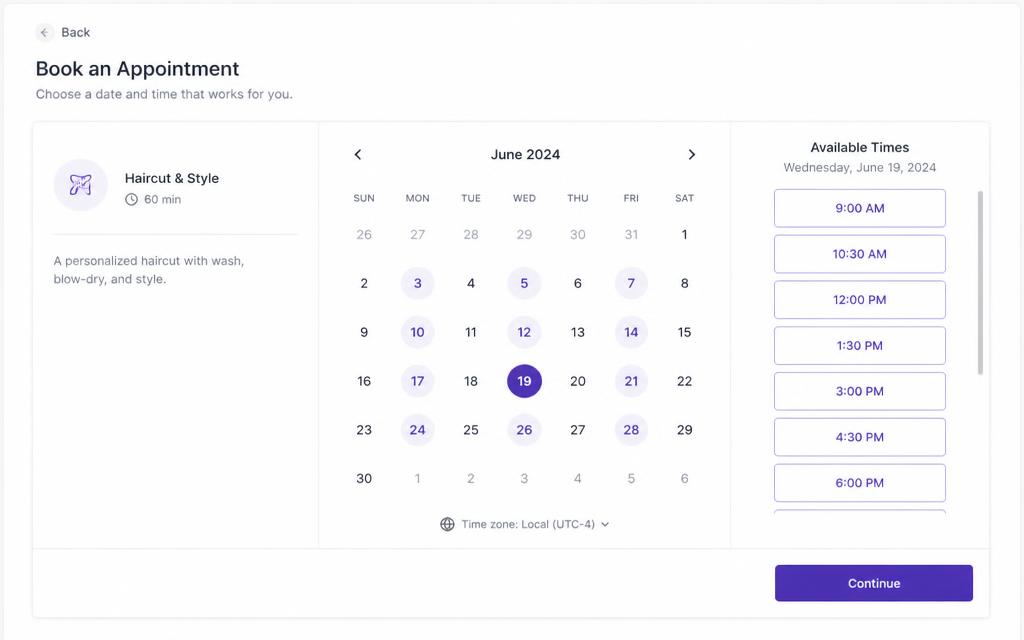 Booking page mockup with a service summary, a monthly calendar with available days highlighted and a column of bookable time slots
