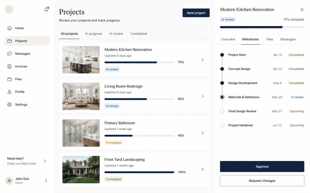 Light client portal mockup showing a project list with status badges and progress bars next to a milestone timeline with approve and request changes buttons