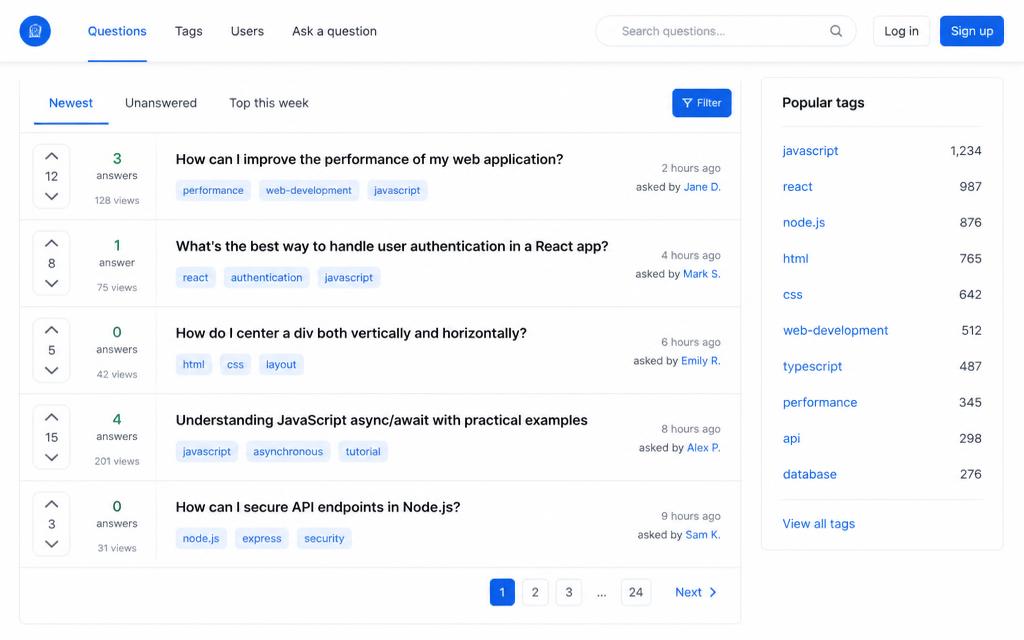 Community question board mockup with Newest, Unanswered and Top this week tabs, question rows with vote and answer counts, and a popular tags sidebar