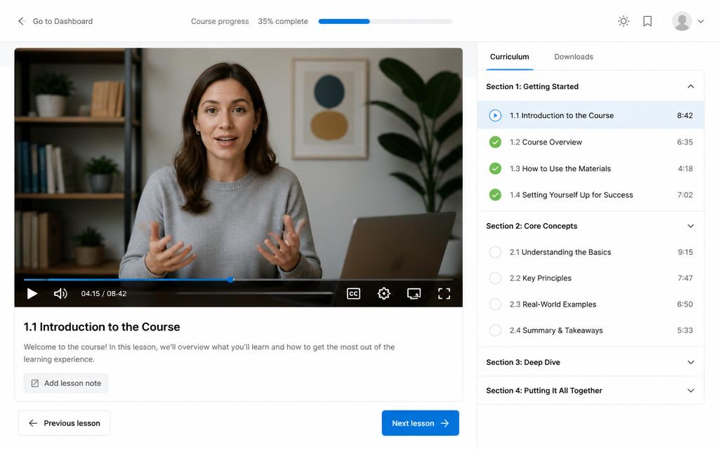 Course lesson player mockup with a video area, lesson notes and a curriculum sidebar showing completed lessons and durations