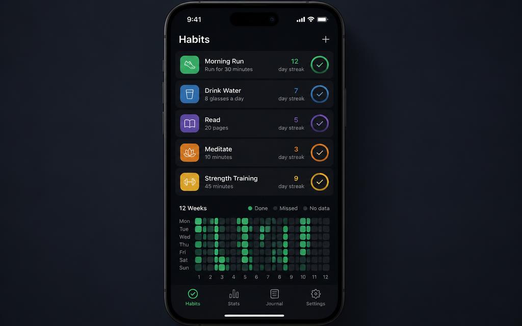 Habit tracker app mockup on a phone showing habits with colored icons, day streaks, large check buttons and a twelve week completion heatmap