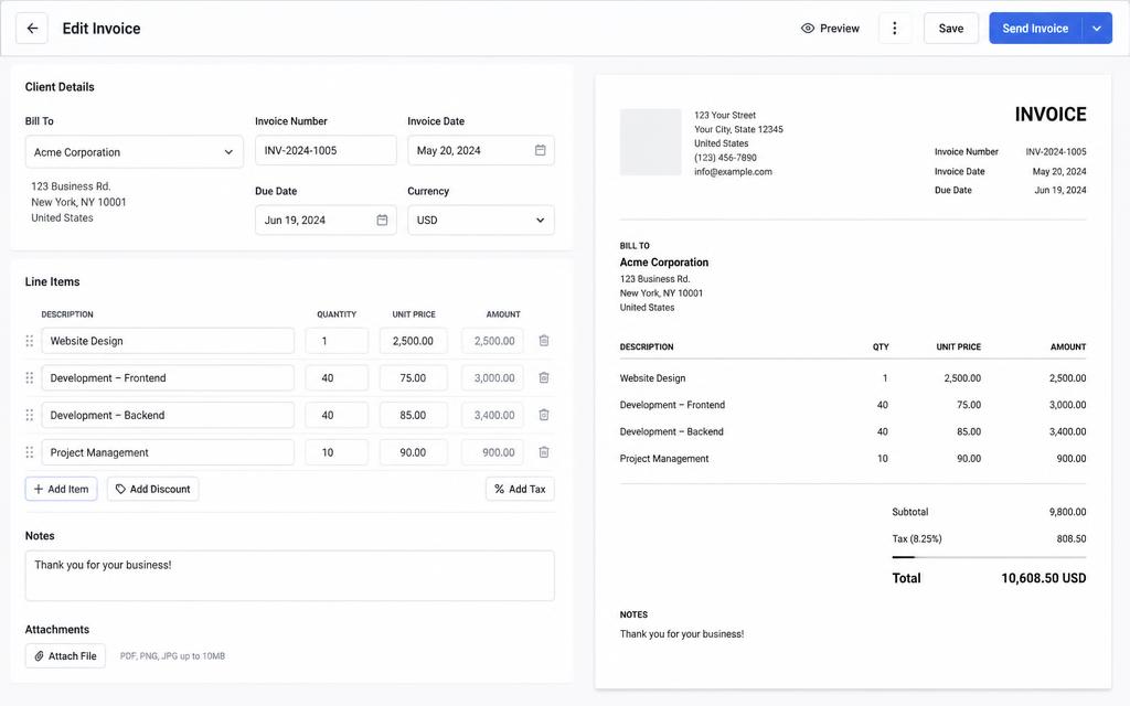Invoice editor mockup with client fields and a line items table on the left and a print ready invoice preview with subtotal, tax and total on the right