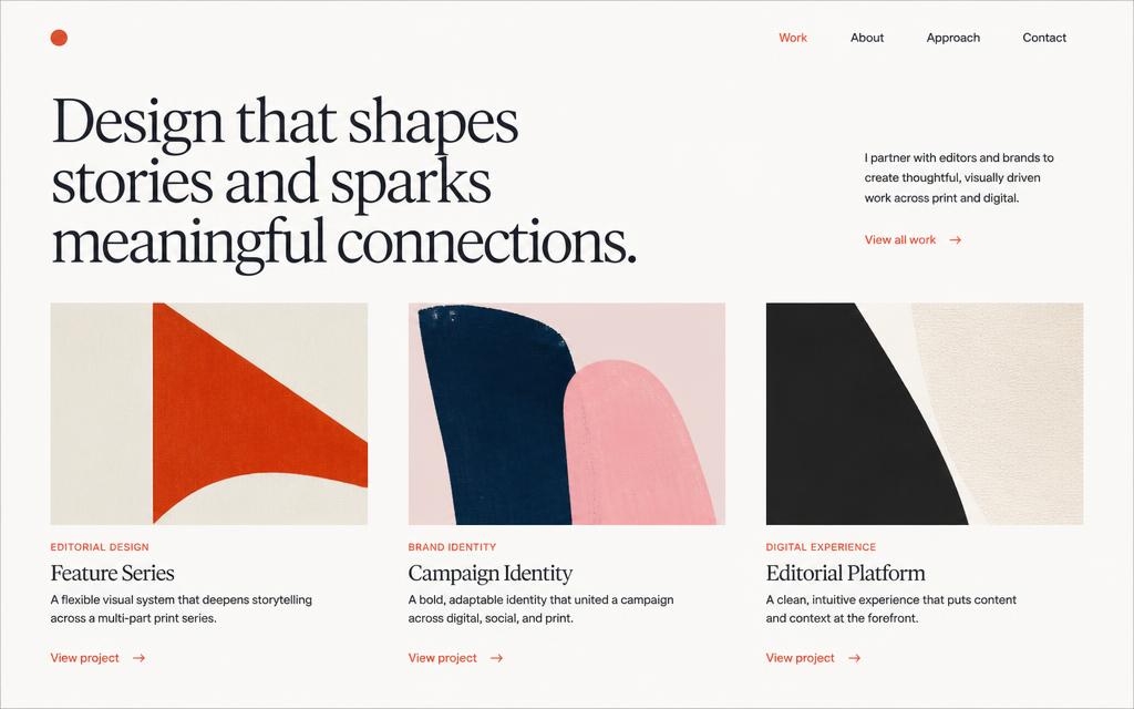 Editorial portfolio website mockup with a large serif headline and three project cards with abstract artwork and short outcome lines